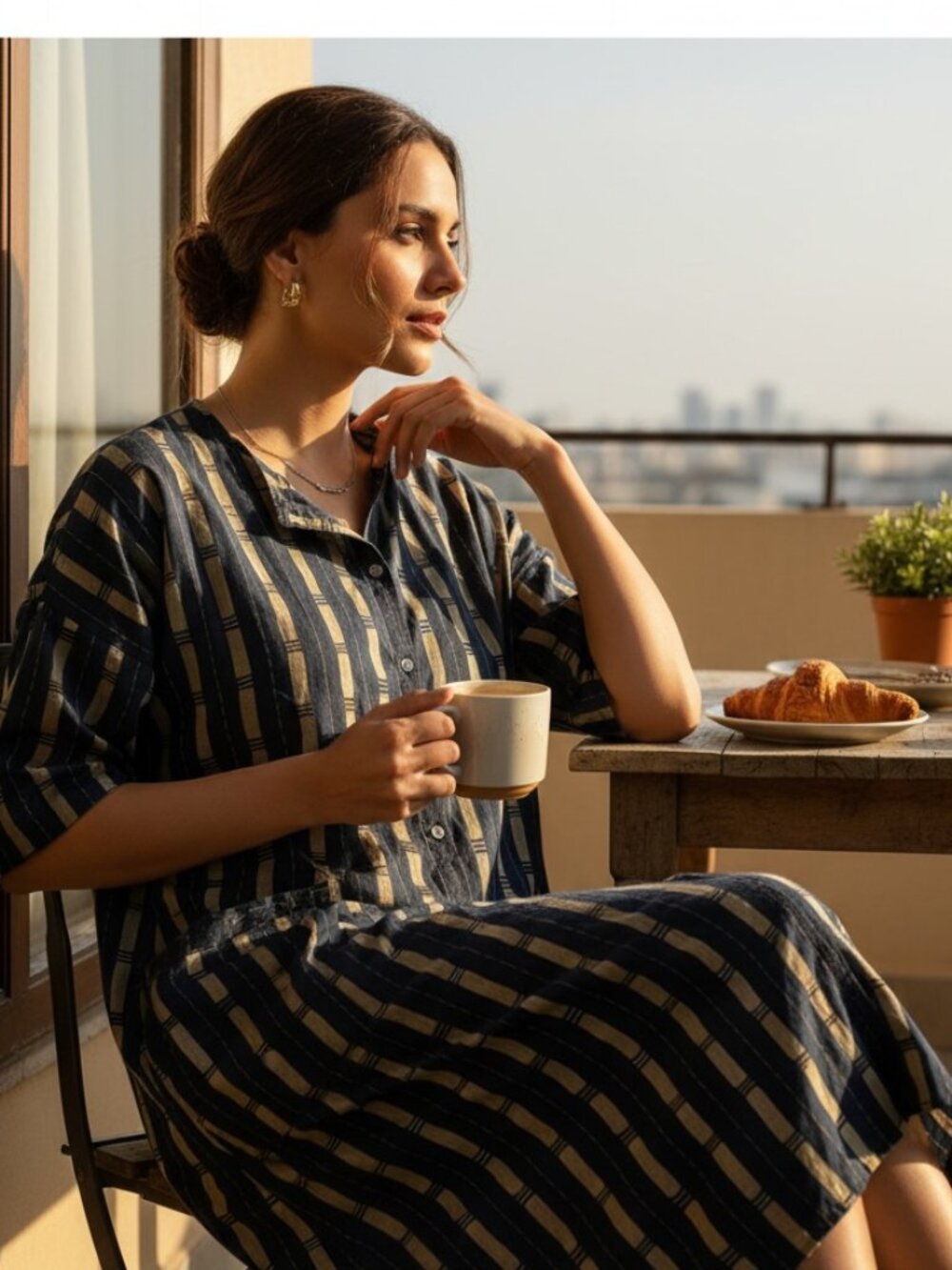 Gudrun Sjoden Navy and Beige Striped Midi Dress